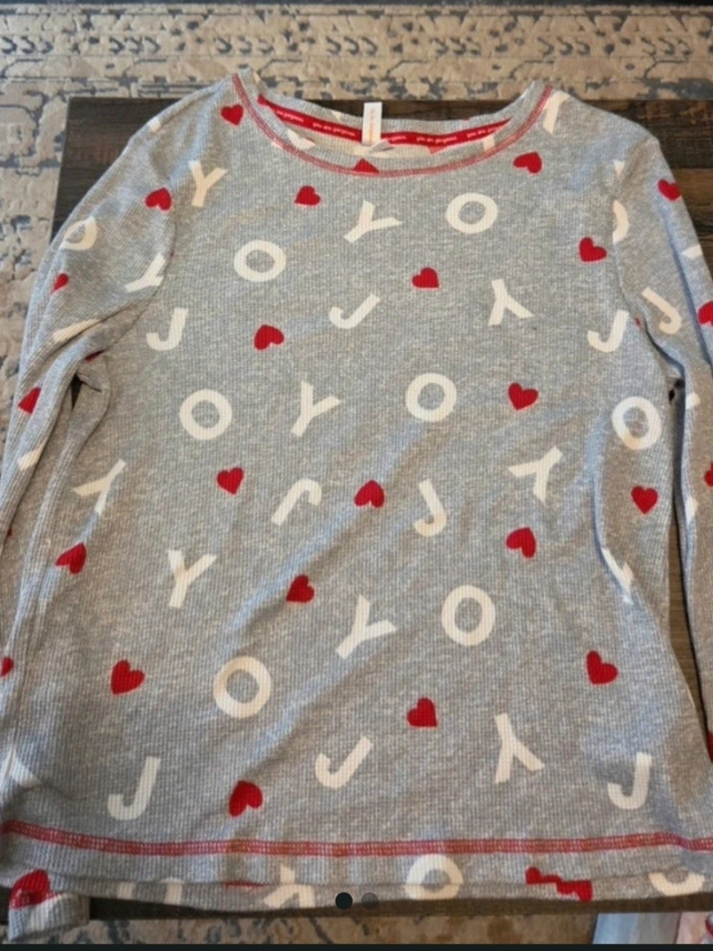 Women's Gray 'JOY' Heart-Print Long-Sleeve Pajama Set- Red Accents